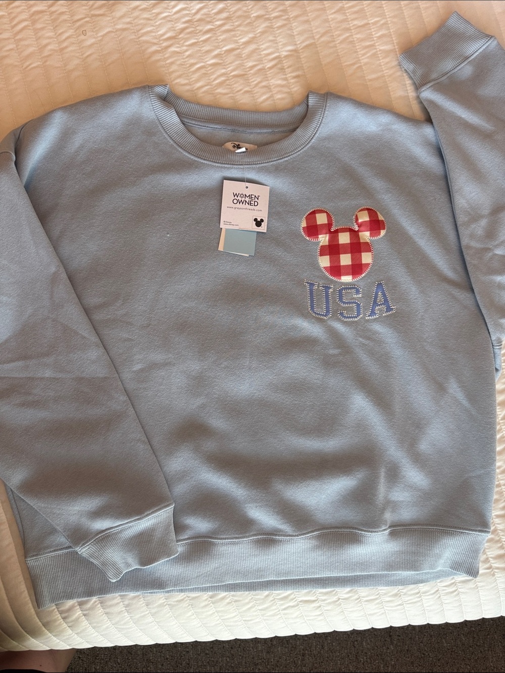 NWT - Disney Light Blue Crewneck Sweatshirt with Red Gingham Mickey USA